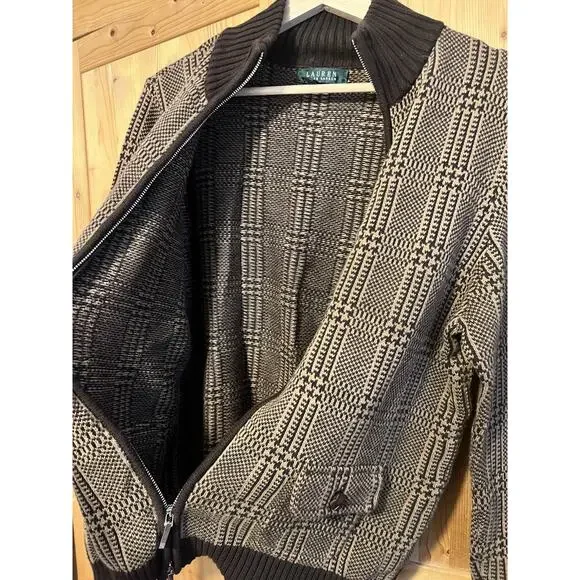 Lauren Ralph Lauren Brown Tan Houndstooth Plaid 100% Cotton Knit Zip Jacket XL - Picture 7 of 10